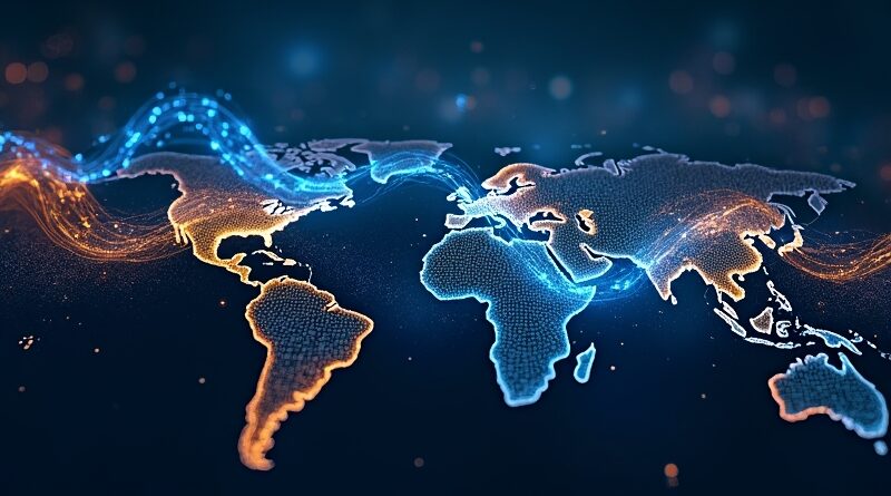 Lśniący cyfrowy łańcuch z niebieskich i złotych danych nad mapą globalnego handlu