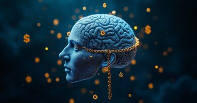 Neuronowy rdzeń AI skuty złotymi łańcuchami i znakami dolara w ciemnej pustce, niebiesko-złota poświata.