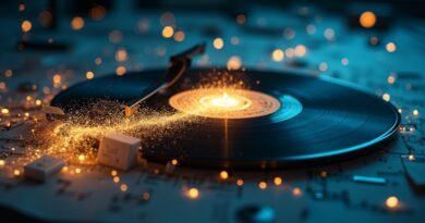 Pęknięta płyta winylowa przechodzi w świecący waveform AI, otoczona dokumentami i nutami.