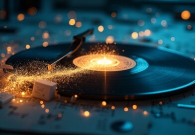 Pęknięta płyta winylowa przechodzi w świecący waveform AI, otoczona dokumentami i nutami.