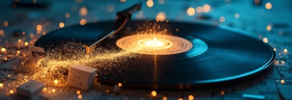 Pęknięta płyta winylowa przechodzi w świecący waveform AI, otoczona dokumentami i nutami.