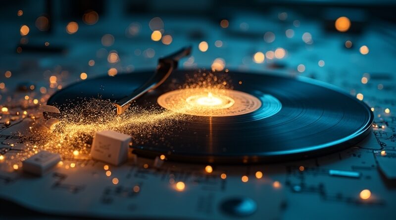 Pęknięta płyta winylowa przechodzi w świecący waveform AI, otoczona dokumentami i nutami.