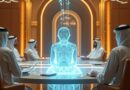 Holograficzny agent AI zasiada wśród urzędników w futurystycznej radzie Abu Zabi.