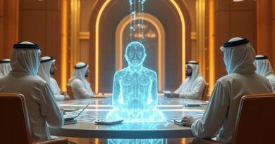 Holograficzny agent AI zasiada wśród urzędników w futurystycznej radzie Abu Zabi.