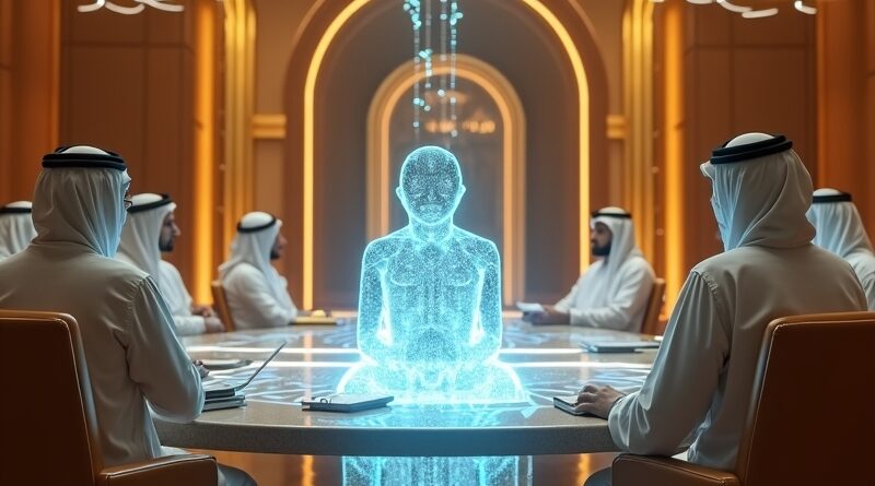 Holograficzny agent AI zasiada wśród urzędników w futurystycznej radzie Abu Zabi.