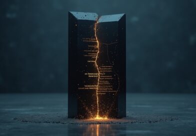 Monolit z pęknięciami, cieknące złote dane, zimne błękitne światło, zdrada.