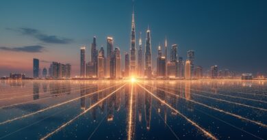 Świecąca sieć neuronowa nad panoramą Abu Zabi, łącząca złoto pustyni z błękitem technologii.