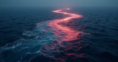 Dwie zlewające się rzeki, neonowo-niebieska i karmazynowo-złota, ocean napięcia geopolitycznego.