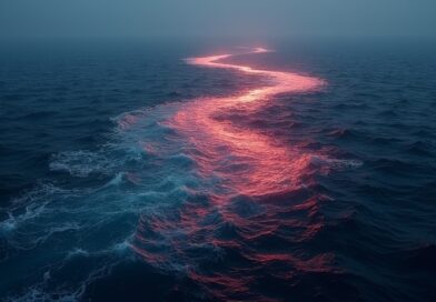 Dwie zlewające się rzeki, neonowo-niebieska i karmazynowo-złota, ocean napięcia geopolitycznego.