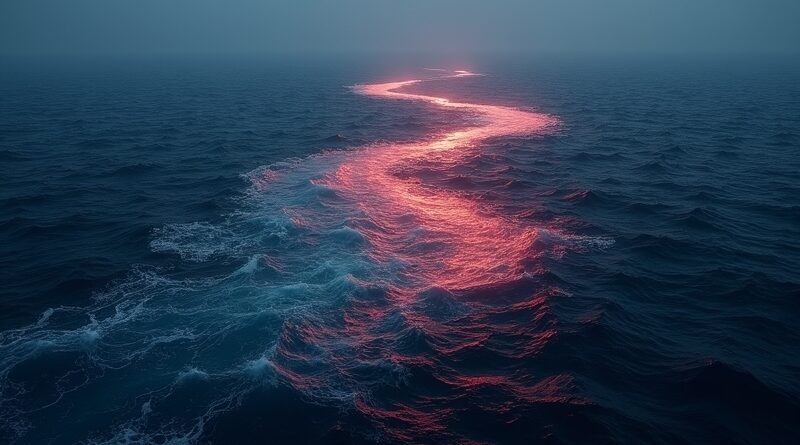 Dwie zlewające się rzeki, neonowo-niebieska i karmazynowo-złota, ocean napięcia geopolitycznego.