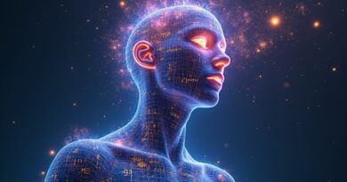 Surrealna cyfrowa postać z symboli matematycznych, złote strumienie myśli na fioletowym tle.