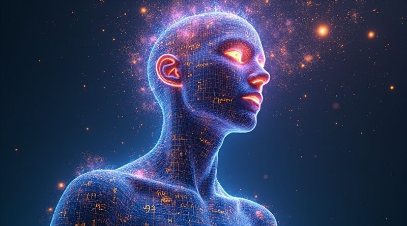 Surrealna cyfrowa postać z symboli matematycznych, złote strumienie myśli na fioletowym tle.