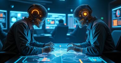 Hologramy ChatGPT i Grok nad mapą logistyczną w centrum dowodzenia