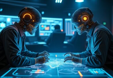 Hologramy ChatGPT i Grok nad mapą logistyczną w centrum dowodzenia