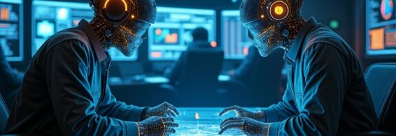 Hologramy ChatGPT i Grok nad mapą logistyczną w centrum dowodzenia