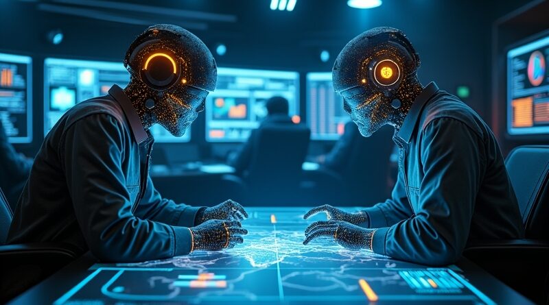 Hologramy ChatGPT i Grok nad mapą logistyczną w centrum dowodzenia