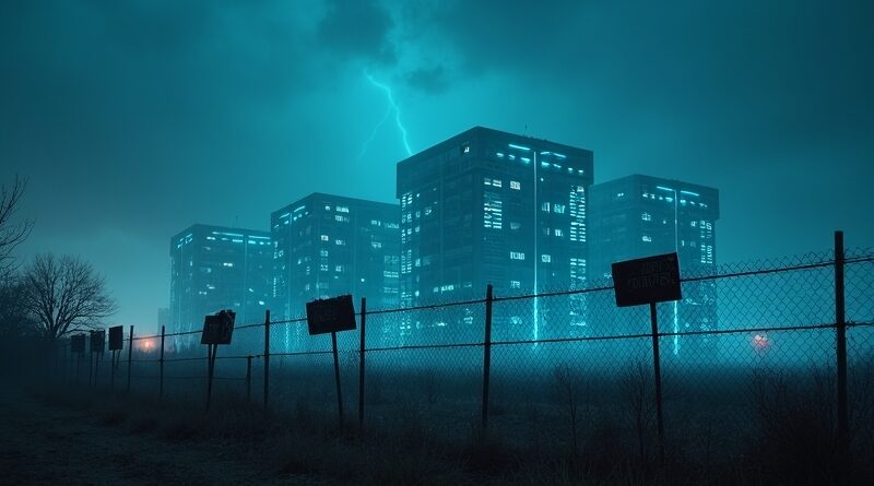 Nocne centrum danych AI, niebieska poświata, protesty na pierwszym planie.