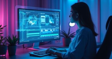 Holograficzny asystent AI wyświetla sugestie montażowe nad taśmą filmową na biurku edytora w niebiesko-fioletowej scenerii.