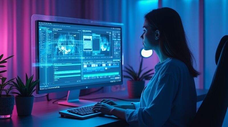 Holograficzny asystent AI wyświetla sugestie montażowe nad taśmą filmową na biurku edytora w niebiesko-fioletowej scenerii.