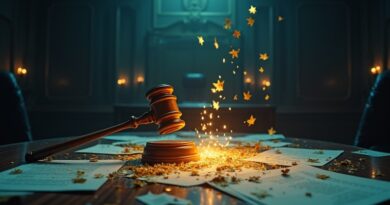 Surrealna sala sądowa, świecące dokumenty, złamany młotek, trybunał w cieniu.