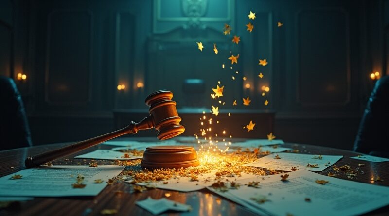 Surrealna sala sądowa, świecące dokumenty, złamany młotek, trybunał w cieniu.