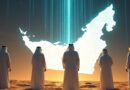Emiraccy liderzy w białych szatach przed holograficzną mapą ZEA, złoto, piasek i elektryczny błękit.