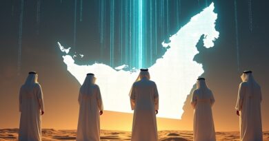 Emiraccy liderzy w białych szatach przed holograficzną mapą ZEA, złoto, piasek i elektryczny błękit.