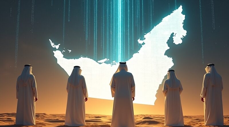 Emiraccy liderzy w białych szatach przed holograficzną mapą ZEA, złoto, piasek i elektryczny błękit.