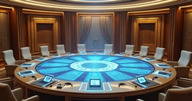 Futurystyczna sala rządowa ZEA z holograficznymi doradcami AI przy okrągłym stole