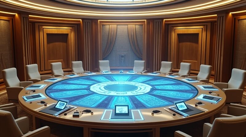 Futurystyczna sala rządowa ZEA z holograficznymi doradcami AI przy okrągłym stole