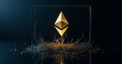 Kod Ethereum świeci na ekranie, pod szkłem mroczne macki, granat i złoto, symbol zdrady.