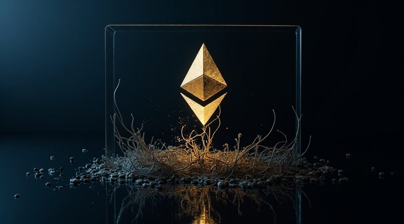 Kod Ethereum świeci na ekranie, pod szkłem mroczne macki, granat i złoto, symbol zdrady.
