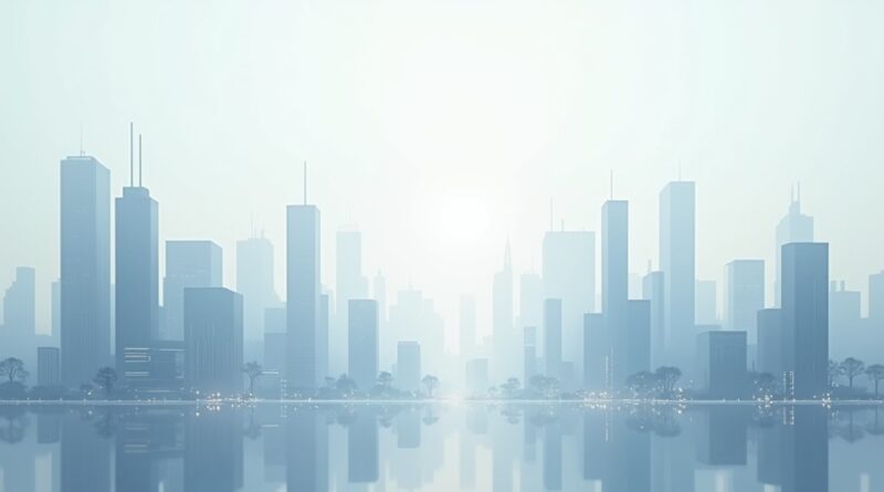 Minimalistyczne, futurystyczne miasto z subtelnymi, geometrycznymi kształtami AI symbolizującymi łączność.