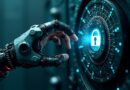 Cybernetyczna dłoń próbuje otworzyć bankowy ograbiony, wypełniony obwodami i symbolami bezpieczeństwa.