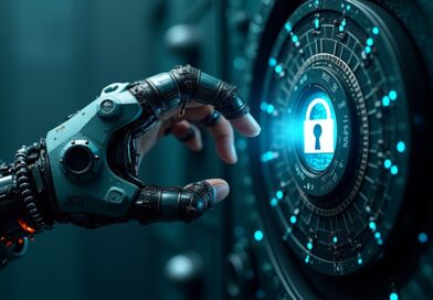 Cybernetyczna dłoń próbuje otworzyć bankowy ograbiony, wypełniony obwodami i symbolami bezpieczeństwa.