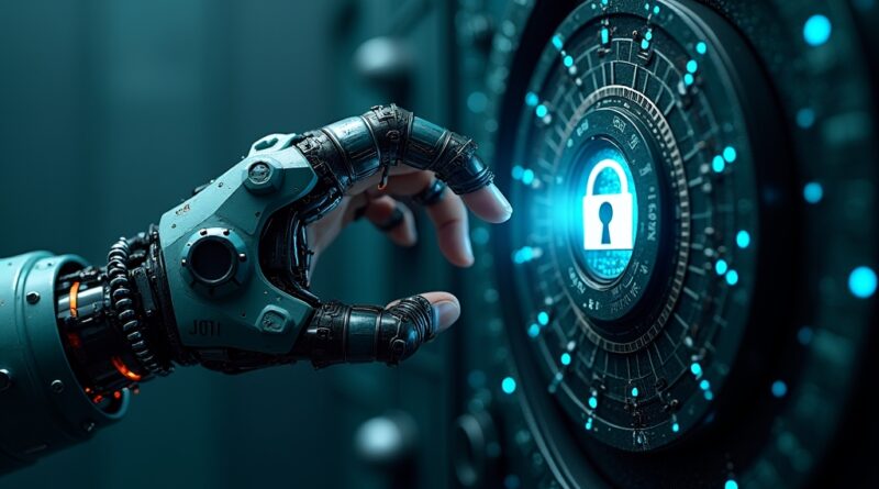 Cybernetyczna dłoń próbuje otworzyć bankowy ograbiony, wypełniony obwodami i symbolami bezpieczeństwa.