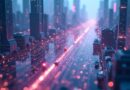 Futurystyczne miasto z sieciami danych, gdzie agenci AI jako geometryczne wzory wpływają na obciążenie sieci.