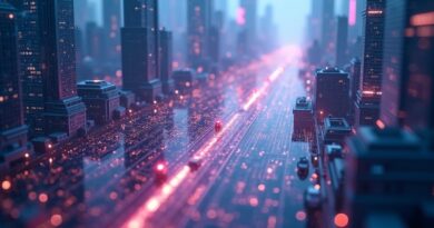 Futurystyczne miasto z sieciami danych, gdzie agenci AI jako geometryczne wzory wpływają na obciążenie sieci.