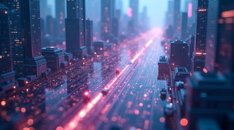 Futurystyczne miasto z sieciami danych, gdzie agenci AI jako geometryczne wzory wpływają na obciążenie sieci.