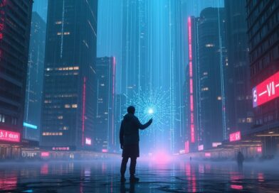 Cyberpunkowe miasto z neonowymi strumieniami danych, postać przy interfejsie hologramowym.