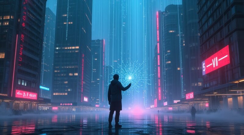Cyberpunkowe miasto z neonowymi strumieniami danych, postać przy interfejsie hologramowym.
