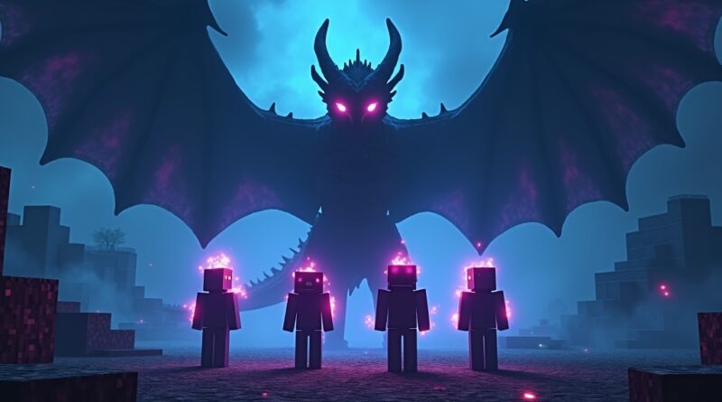 Czterech agentów Gemini pokonuje Smoka Endu w Minecrafcie w mistycznym, pikselowym otoczeniu.