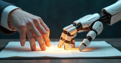 Ręka ludzka i robotyczna nad świetlistą księgą, symbol postępu i równowagi.