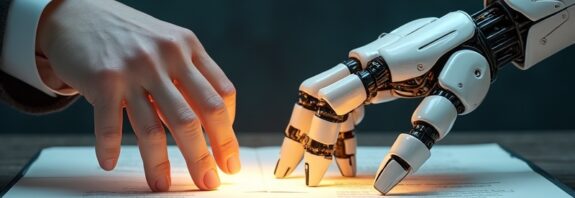 Ręka ludzka i robotyczna nad świetlistą księgą, symbol postępu i równowagi.