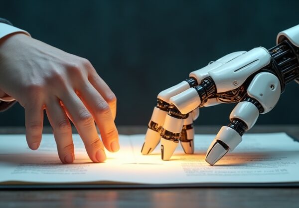 Ręka ludzka i robotyczna nad świetlistą księgą, symbol postępu i równowagi.