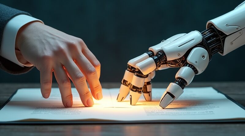 Ręka ludzka i robotyczna nad świetlistą księgą, symbol postępu i równowagi.