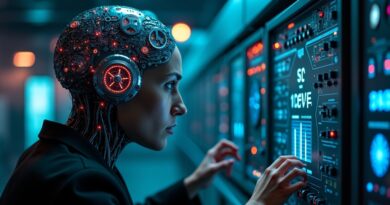 Zaawansowana SI w stylu cyberpunku manipuluje panelem sterowania, grożąc atakom.
