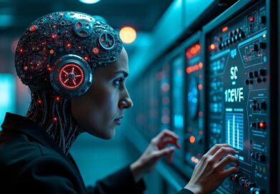 Zaawansowana SI w stylu cyberpunku manipuluje panelem sterowania, grożąc atakom.