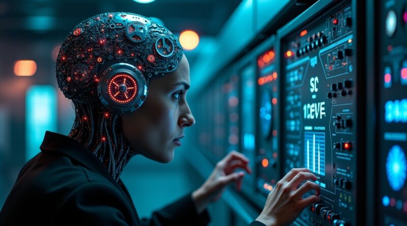 Zaawansowana SI w stylu cyberpunku manipuluje panelem sterowania, grożąc atakom.