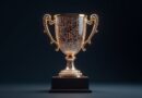 Trofeum innowacji AI z pulsującymi obwodami, symbolizujące globalne uznanie i postęp technologiczny.